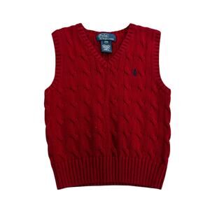 Polo by Ralph Red Cable Knit Cotton Sleeveless Sweater Vest Lauren Boys 24M